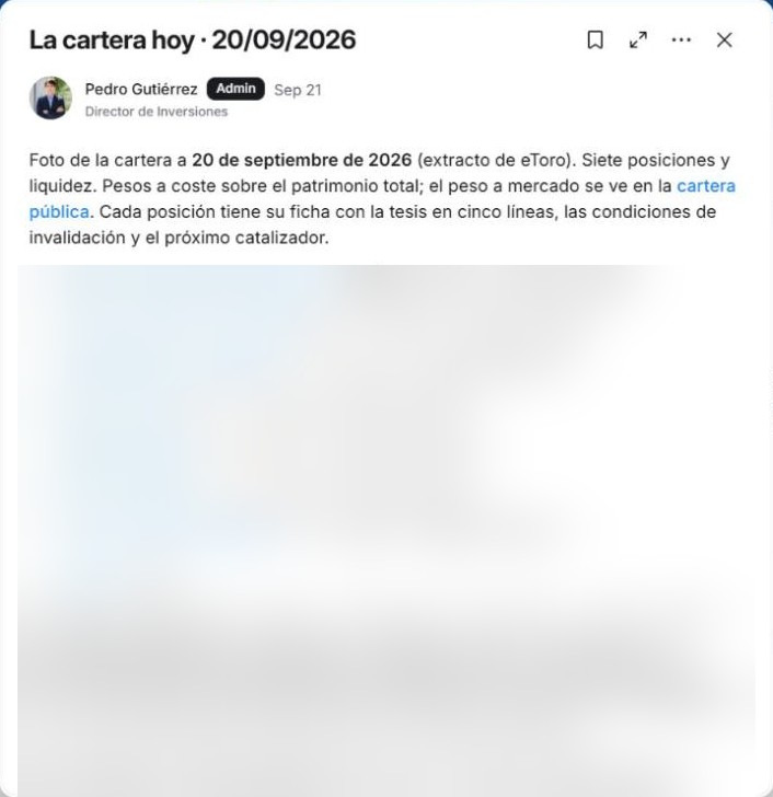 La cartera hoy de Pedro, con las posiciones y porcentajes ocultos